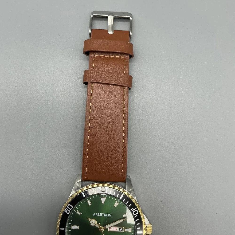 Armitron 20/5483TT Mens Watch 42mm Green Dial Brown Leather Day Date New Battery